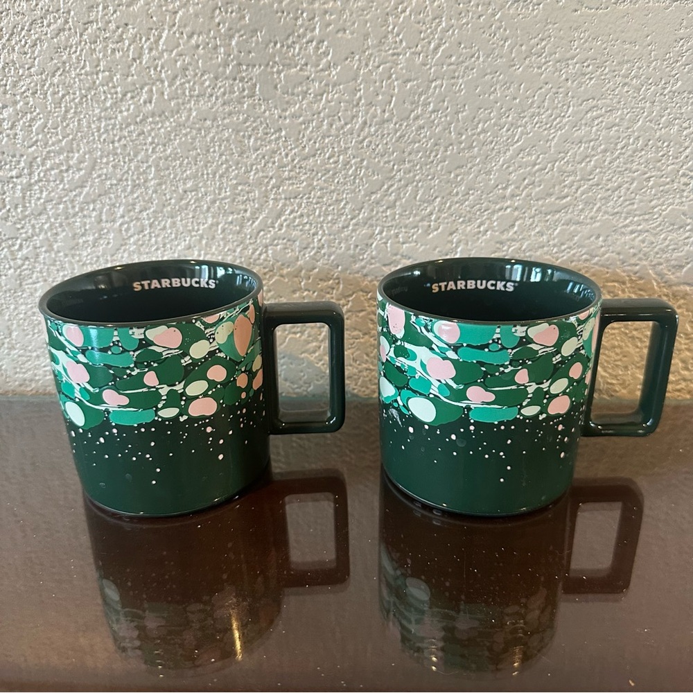 Starbucks 2022 Green Pink Forest Venetian Mugs Set 12 oz